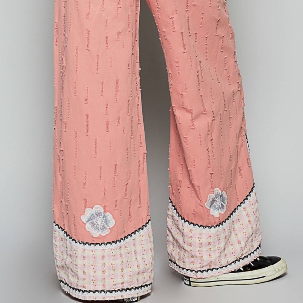 New POL Floral Patchwork Embroidered Drawstring Jeans Relaxed Fit Pants Pink - Picture 10 of 11
